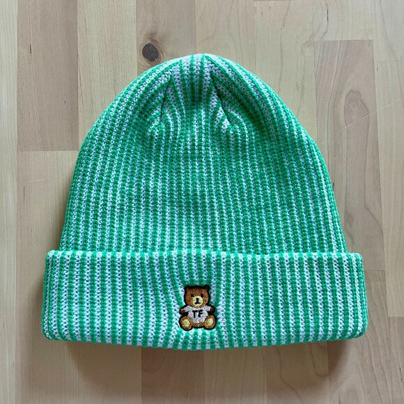 Teddy Fresh Unisex White & Green Vertical Striped Beanie One Size - Picture 1 of 4